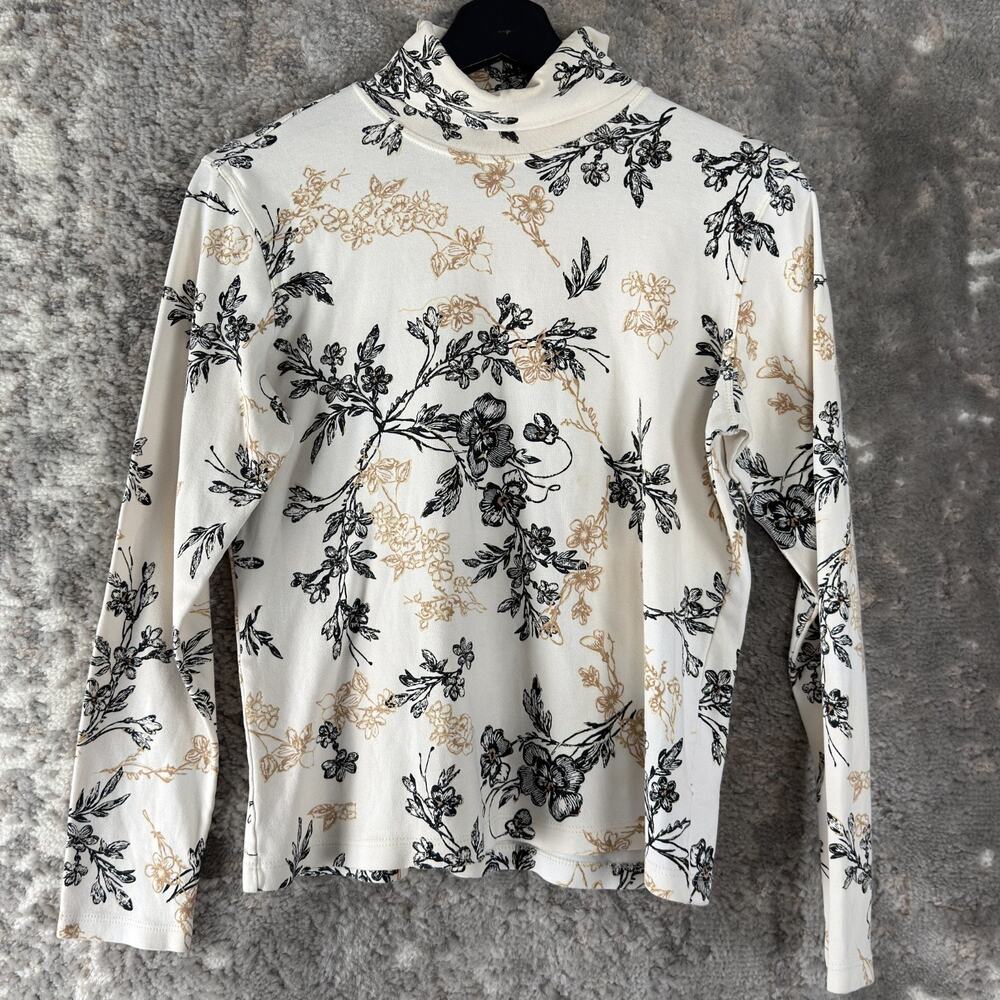 White Stag Size S‎ Floral Turtleneck Top Ivory Long Sleeve Pullover Casual